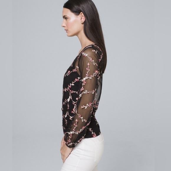 White House Black Market Long Sleeve Floral Embroidered Mesh Top w/Cami Sz L - Picture 3 of 16